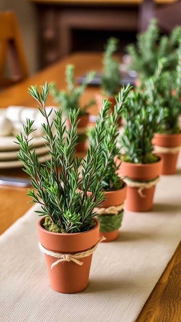 5. Mini potted rosemary trees shaped like Christmas cones for a scented natural Christmas table