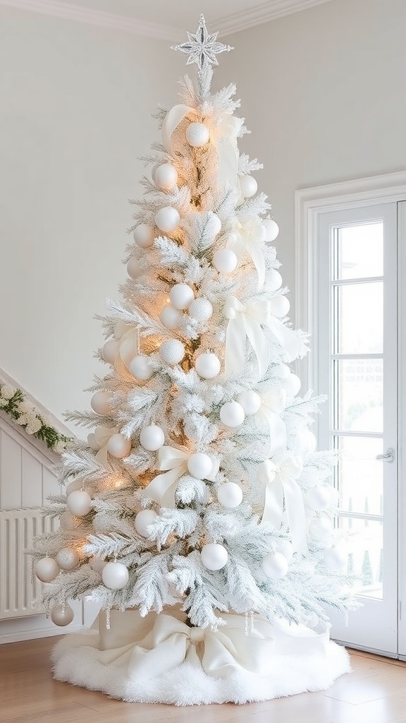 5. Pearl-embellished white Christmas tree adorned with glass icicles and satin ribbons