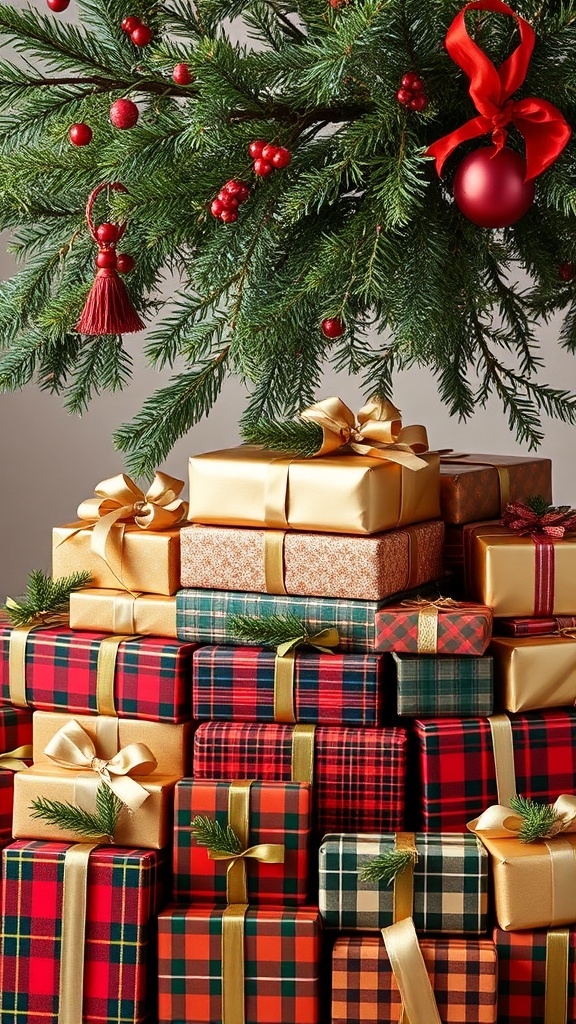 6. Neat stacks of plaid and foil-wrapped presents under the tree