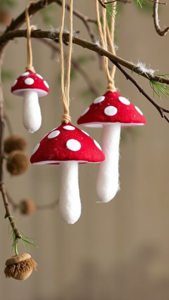 6. Wool-felt mushroom ornaments hung with linen thread on the natural Christmas tree