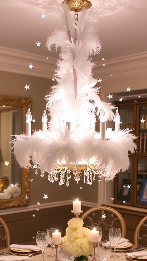 7. Crystal chandelier wrapped in white feather boa garland for opulent white Christmas glamour