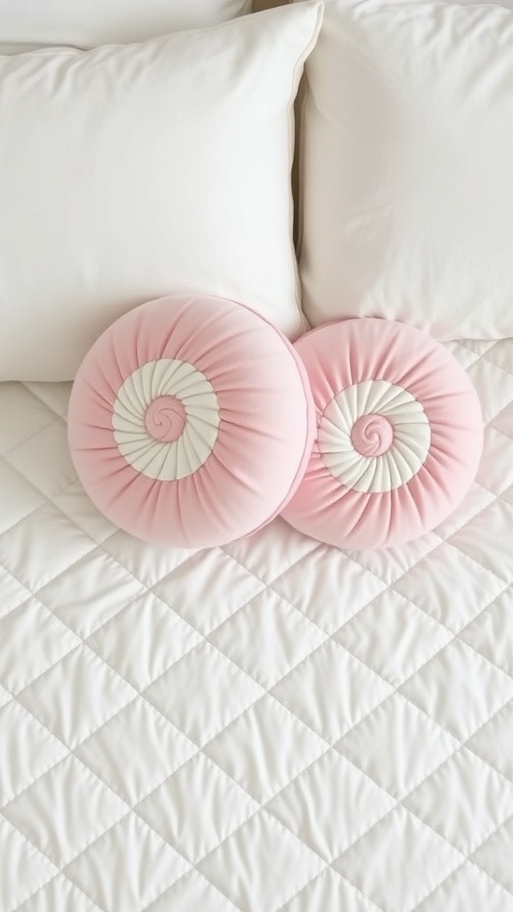 7. Swirl-patterned round cushions mimicking peppermint candies on a quilted spread for Christmas whimsy