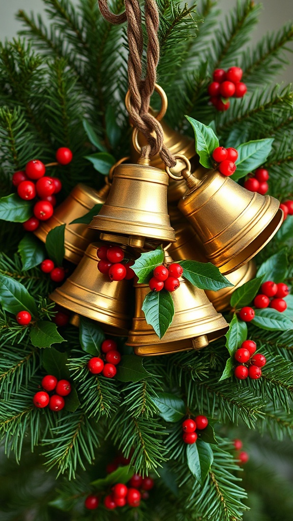 7. Vintage bell cluster nestled in pine boughs and holly sprigs