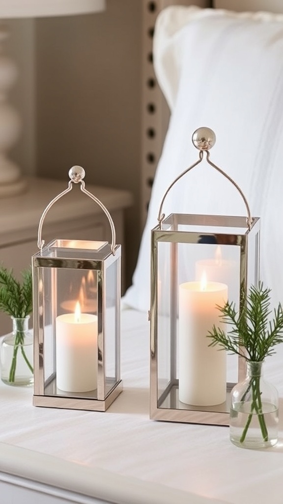 8. Mercury glass lanterns with pine clippings on nightstands for Christmas elegance