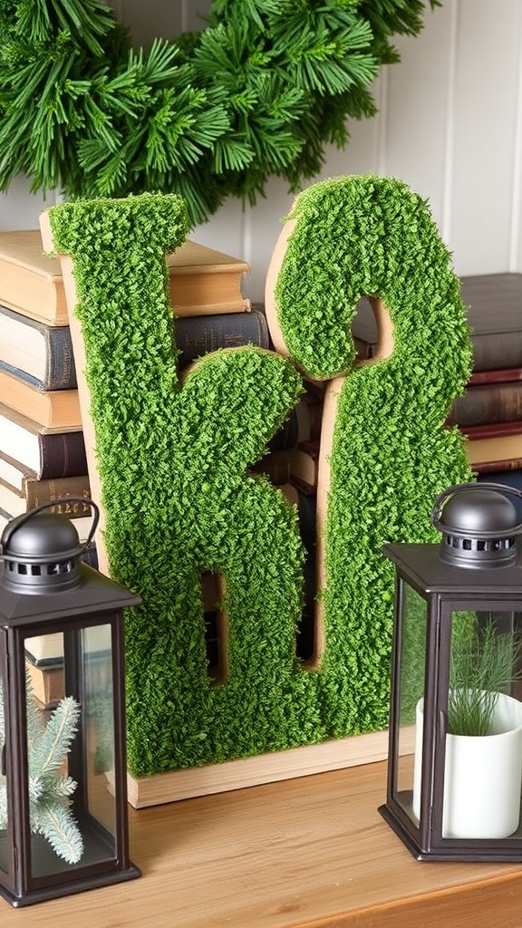 8. Moss-covered letters spelling “NOEL” on the natural Christmas console