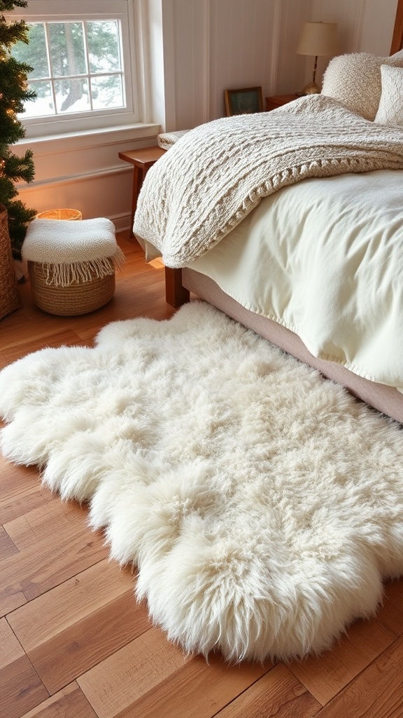 9. Plush sheepskin rug layered at the bedside for toasty toes in Christmas mornings
