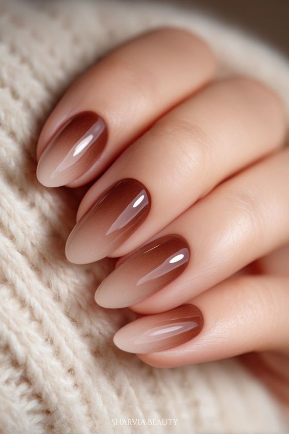 5. Warm Mocha Ombre: A Cozy Winter Almond Nail Style