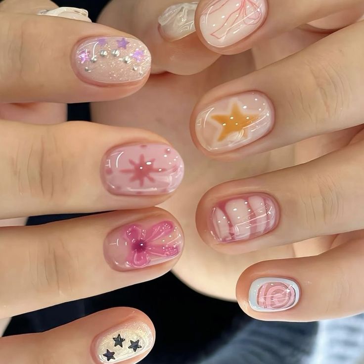 16. Whimsical Starry and Floral Short Almond Nails