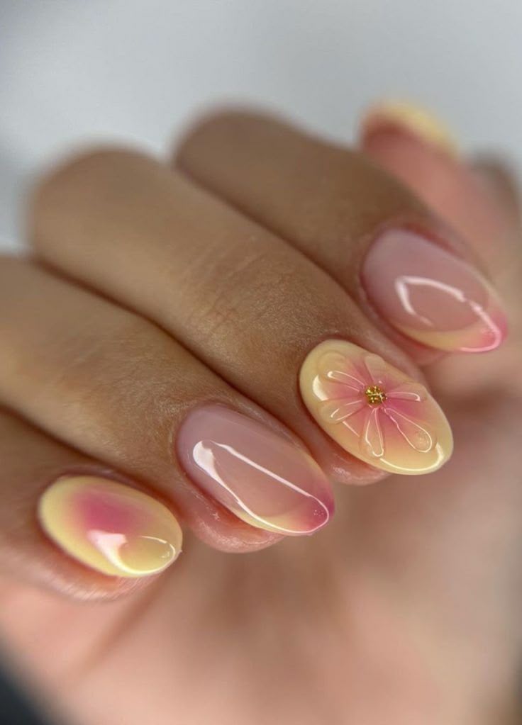 17. Pink Lemonade Aura Nails With Floral Charm
