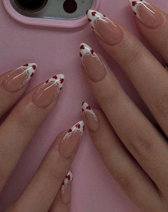 8. Romantic Short Almond Nails with Love and Lace Design
