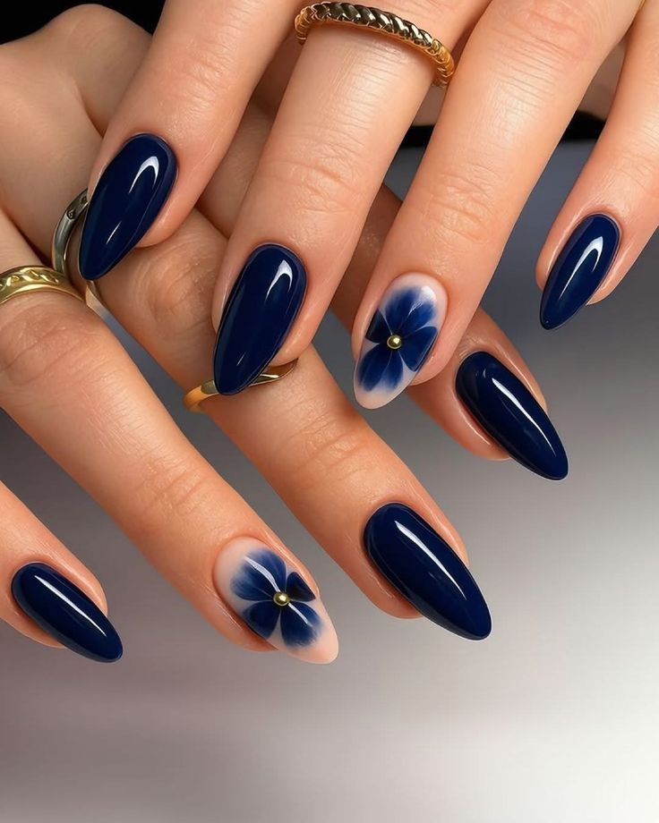 17. Navy Elegance with Floral Accents
