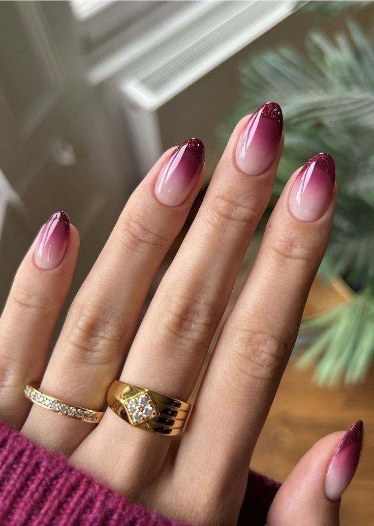 18. Gradient Elegance: Burgundy Glitter Tips on Short Almond Nails