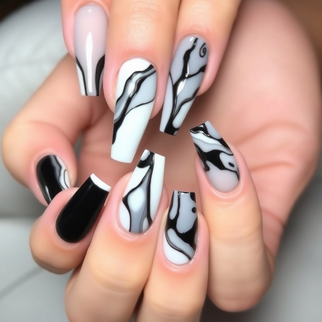 19. Black and White Contrast for Timeless Coffin Nails