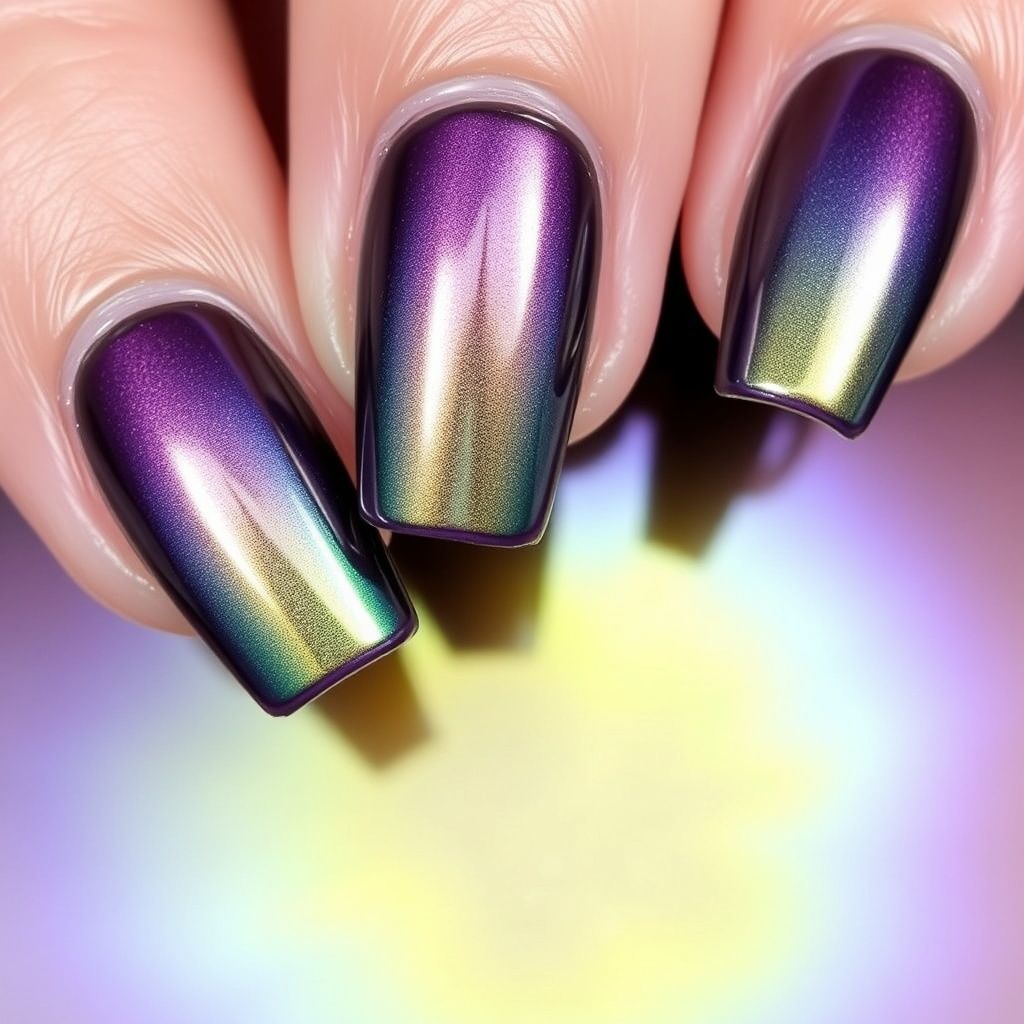 16. Oil Slick Chic: Iridescent Chrome Nails with Bold Flair