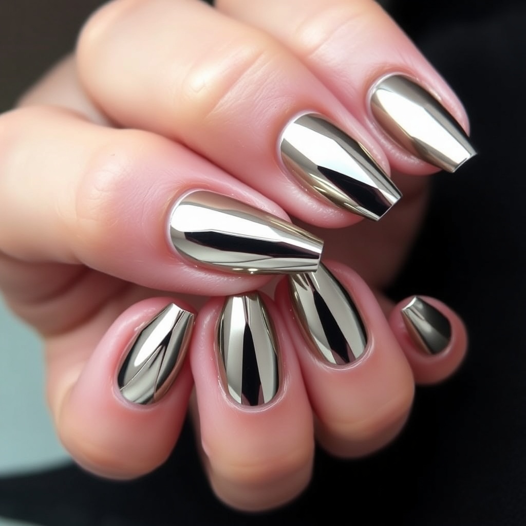 19. Geometric Glow: Chrome Nail Designs with Sharp Patterns